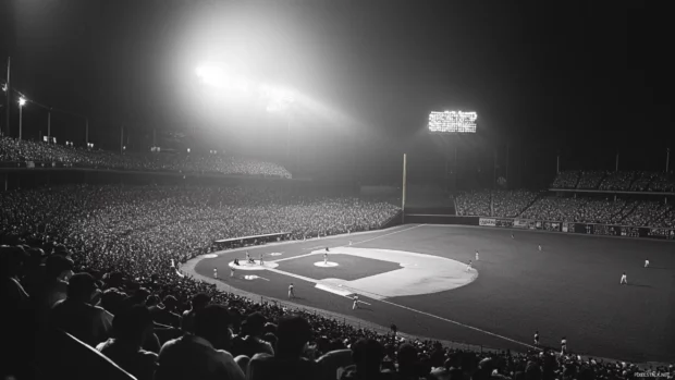 Epic night game at baseball stadium with dazzling floodlights and electric crowd.