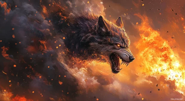 Epic red wolf wallpaper featuring a snarling creature emerging from smoke and fire.