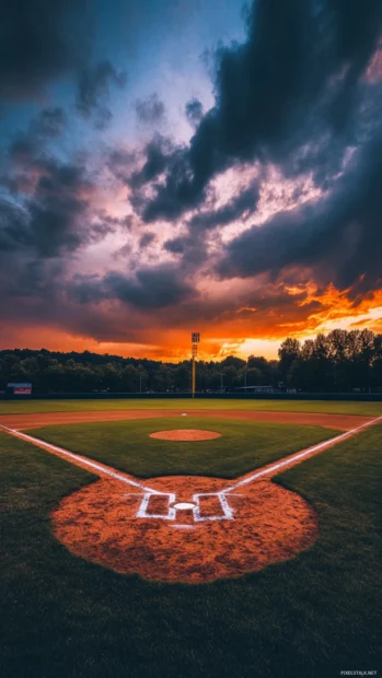 Epic view of a baseball field during sunset with warm tones.