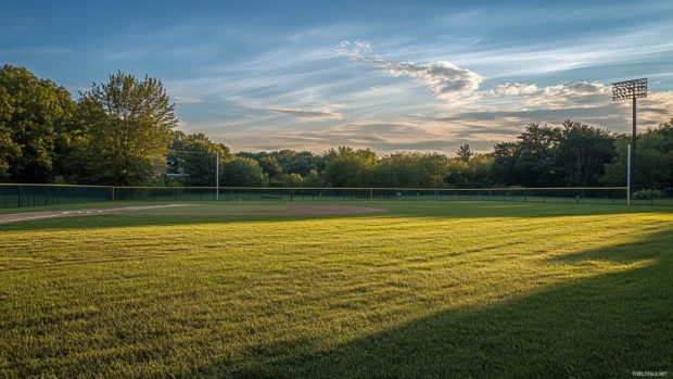 Evening glow on the baseball outfield and fences.