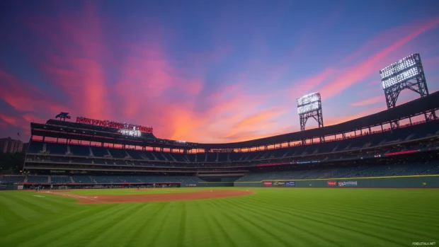 Evening glow over a peaceful and empty baseball stadium.