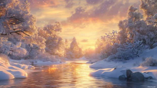Evening sky snowy landscape snow reflecting warm orange and pink tones sun sets.