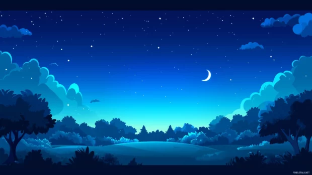 Evening sky with a crescent moon and twinkling stars visible above the horizon.
