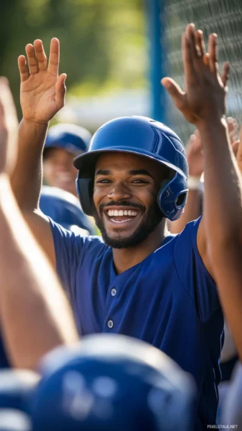 Excited baseball team celebrating with high fives.