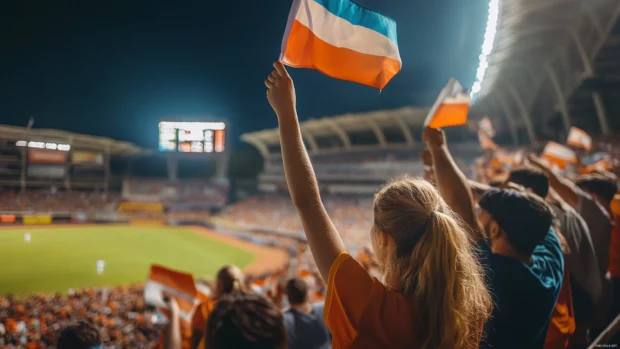 Excited fans waving flags during baseball game at night.