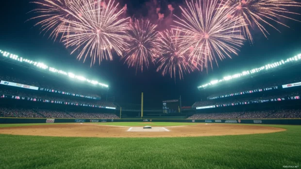 Exciting night match in a baseball stadium with fireworks overhead.