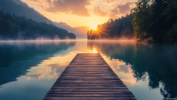 Experience the calm of a lakeside morning with this Sunrise Wallpaper for Macbook.