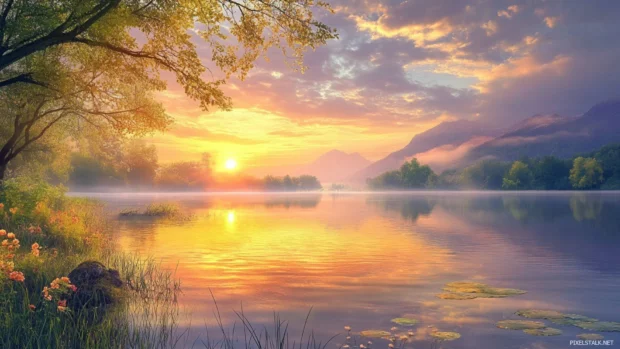 Experience the stillness of morning in a Sunrise Wallpaper with Lake view.