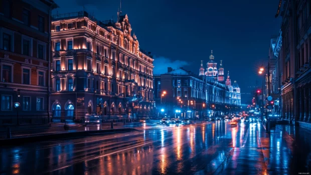 Experience the wonder of illuminated buildings at night through cinematic color.
