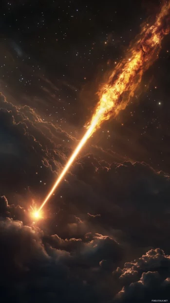 Fades into distance shooting star star filled night sky glowing trail.