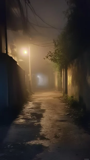 Faint Light floating in a foggy night alley.
