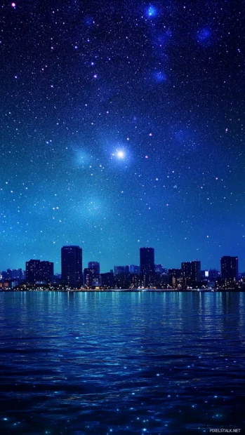 Faint glow urban lights peaceful night sky city skyline stars shining brightly.