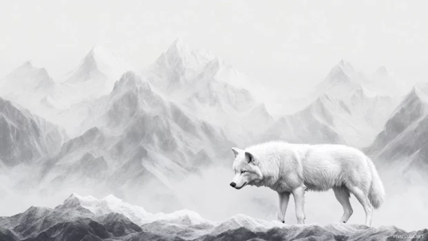 Faint pencil sketch of a white wolf in front of mountain lines, perfect for a minimal desktop.