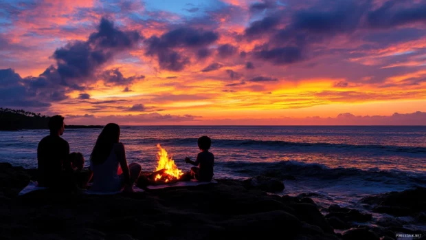 Family enjoying beach bonfire picnic at sunset with scenic sky.