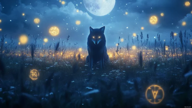 Fantasy anime wolf wallpaper with a mystical glowing wolf surrounded by floating runes in a moonlit field.