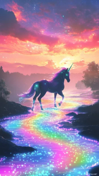 Fantasy landscape of a unicorn trotting along glowing rainbow rivers.