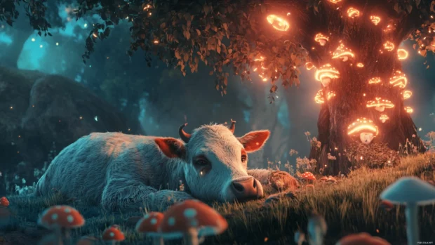 Fantasy style cow resting near a glowing mushroom tree.