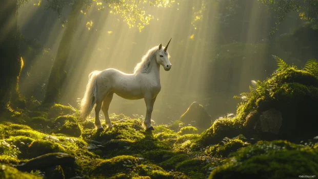 Fantasy unicorn scene with light beams shining on a unicorn standing in a mossy forest.