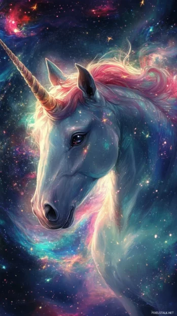 Fantasy unicorn wallpaper for iPhone where stars swirl around a unicorns horn.