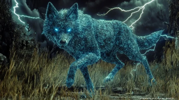 Fantasy wallpaper with blue wolf in lightning storm.
