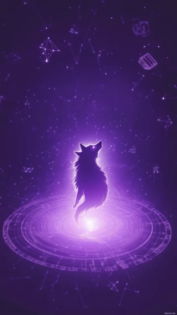 Fantasy wolf iPhone wallpaper featuring a glowing purple wolf spiraling through stars and glyphs.