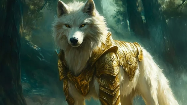 Fantasy wolf wallpaper featuring a fierce white wolf with golden armor guarding an enchanted forest.