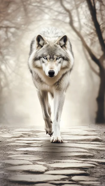 Fantasy wolf wallpaper for showing a silver wolf walking vertically across an enchanted path of light.