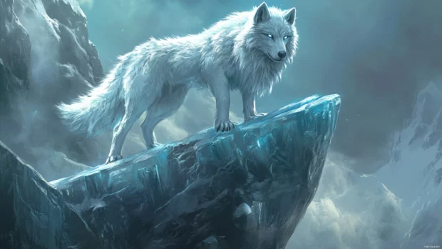 Fantasy wolf wallpaper showing a glowing silver wolf standing atop a floating crystal mountain.