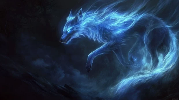 Fantasy wolf wallpaper where the forest glows blue as a spectral wolf glides across mist.