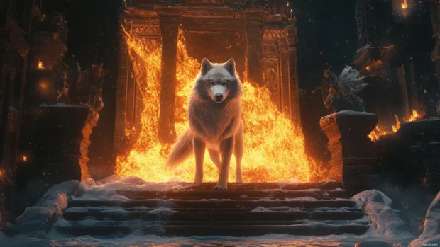 Fantasy wolf wallpaper with a mythical wolf standing between fire and frost in a mystical temple.
