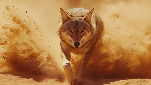 Fast paced desert run with heatwaves behind a wolf covered in dust and motion.