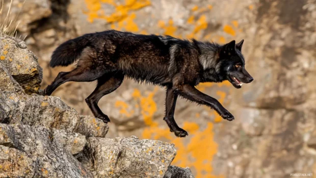 Fast wolf background with a black wolf sprinting across a rocky cliff under sunset light.