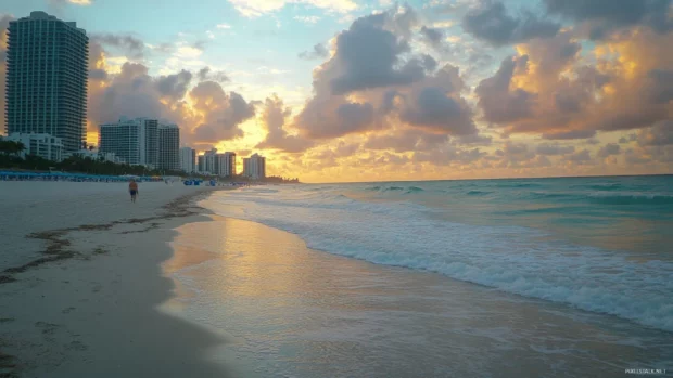 Feet walking on Miami Beach sand with ocean and sunset view.