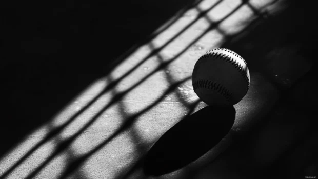 Fence shadow falling over a baseball at sunset in black and white.