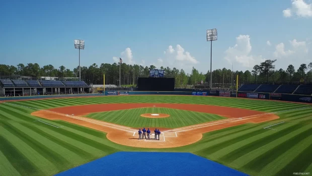 Field level view of baseball stadium as team enters for warm up.