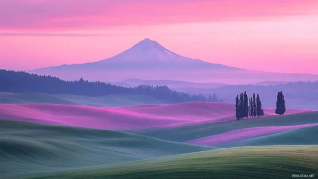 Fields drenched in pink hues beneath a new sunrise.