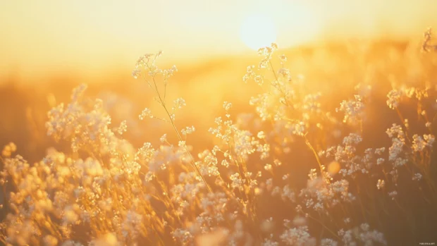 Fields of wildflowers glowing under a delicate sunrise sky.