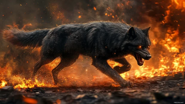Fierce black wolf running through a battlefield with sparks and ash rising around it.