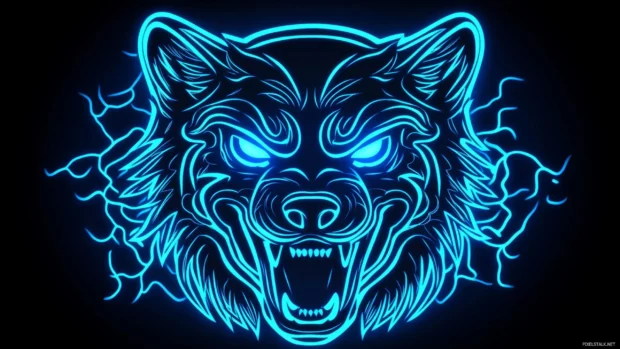 Fierce neon blue wolf surrounded by black.