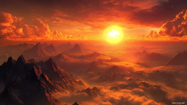 Fiery clouds stretch over a jagged skyline in this Mountain Sunrise wallpaper.