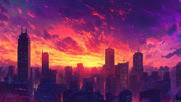 Fiery orange and purple sunset skyline, silhouetted skyscrapers.