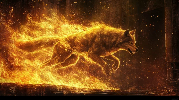 Fire and light bend as a golden wolf sprints across ancient stone ruins.