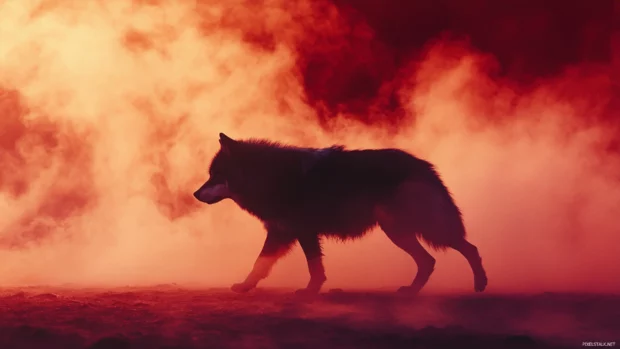 Fire wolf walks into red mist with burning silhouette.