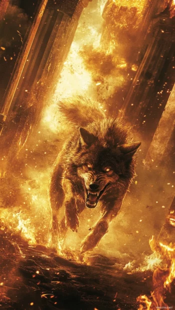 Fire wolf wallpaper featuring a glowing beast running upward through molten pillars.