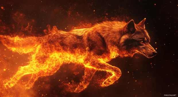 Fire wolf wallpaper featuring a majestic wolf running through lava with glowing fur.