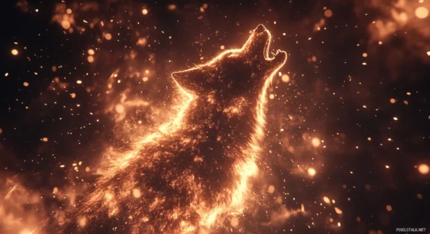 Fire wolf wallpaper showing a blazing red wolf howling in a storm of sparks and ash.