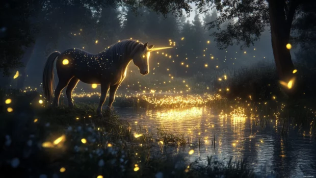 Fireflies dance around the unicorn on a quiet riverbank.