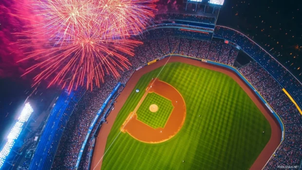 Fireworks over a baseball stadium at night.