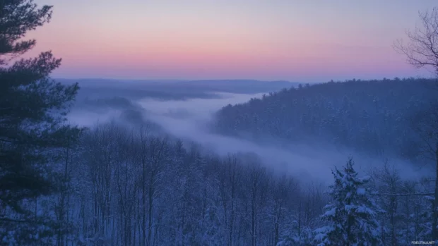 First light illuminates the treetops in the valley below.