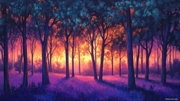First light of day painting forest canopies in a vibrant sunrise wallpaper in forest.